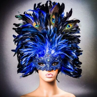 Venice Carnival Masquerade Peacock Feather Mardi Gras Costume Party Mask Blue - Image 1 of 4