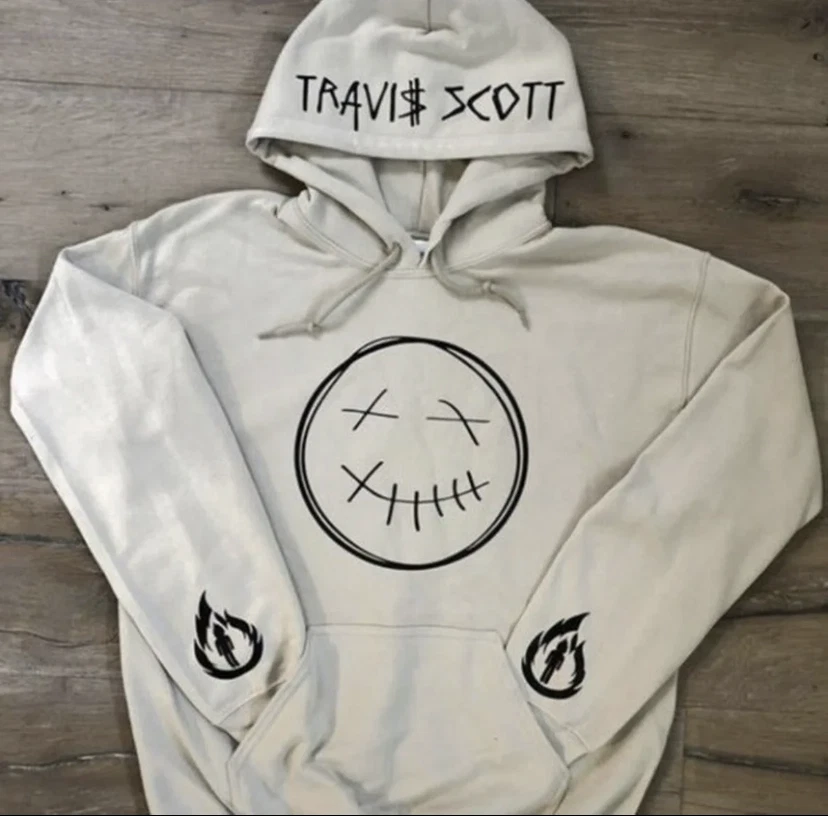 Sudadera con Capucha Travis Scott Cara Sonrisa con Diseños de Llama en Mangas Arena con Estampado Negro Foto 1 de 1