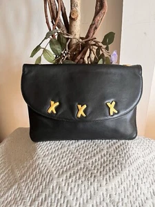Vintage Paloma Picasso Italy Black Leather 3 Gold-Toned X Clutch Purse Bag - Picture 1 of 23