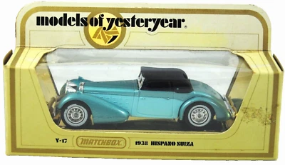 Caja de cerillas de antaño Nº: Y-17 1938 HISPANO SUIZA CONVERTIBLE SEDÁN Coche Sin usar, en caja Foto 1 de 4
