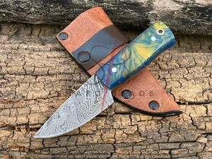 4.5" HAND FORGED Damascus Steel Hunting Mini Neck Knife Resin Handle With Sheath - Picture 1 of 9