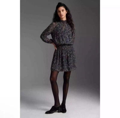 Anthropologie бархата Кирстен мини-платье маленький темно-синий цветочный со сборками шифона - Изображение 1 из 4