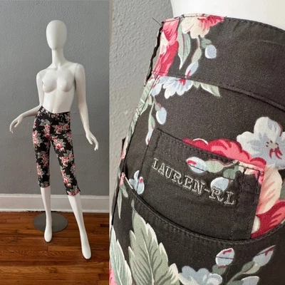 Vintage 90s Black Floral Ralph Lauren Cotton Capri Pants XS - Image 1 of 4