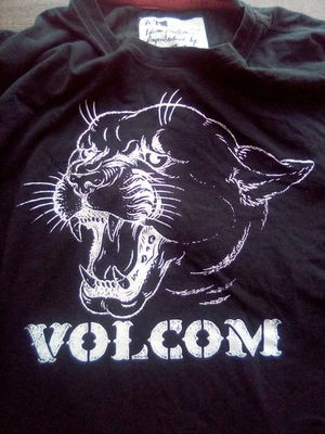 volcom,brand,black t shirt.size L.todd bratrud design.2white stripes on  sleeves - Image 1 of 3
