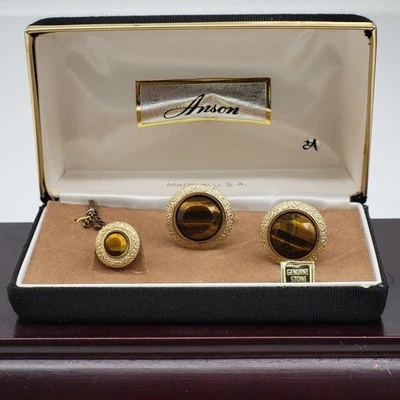 Vintage Tiger’s Eye Cufflinks and Tie Pin Set Anson Gold Tone Neutral Retro MCM - Image 1 of 4