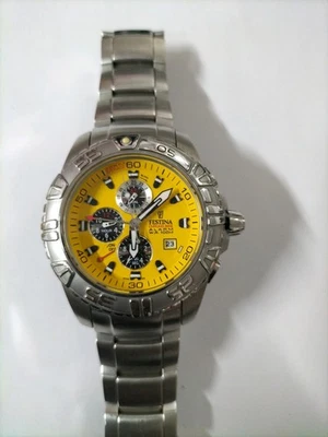 FESTINA CHRONO BIKE MENS YELLOW DIAL ALARM STAINLESS STEEL WATCH, USED. - Image 1 of 4