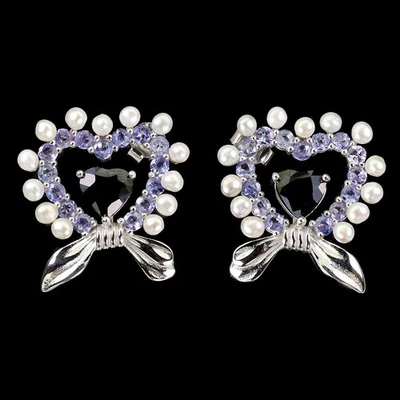 925 Sterling Silver Earrings Heart Sapphire Tanzanite Pearl Gemstone Jewelry - Image 1 of 4