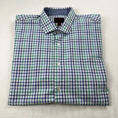 Linea Uomo Shirt Mens 2XL Seersucker Modern Fit Blue Green Check  Short Sleeve - Image 1 of 4