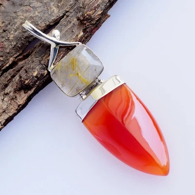 Ciondolo in argento sterling 925 corniola TESTA DI FRECCIA quarzo rutilato... - Immagine 1 di 4