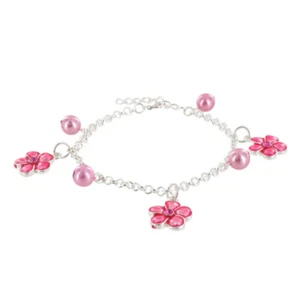 Pink Faux Pearl Flower Charm Bracelet Adjustable Silver Tone Chain 7.5-8.75" - Picture 1 of 3