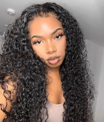 Pelucas frontales de encaje 13x4 pelucas de cabello humano línea de cabello pre arrancada sin pegamento rizado ondulado  Foto 1 de 4