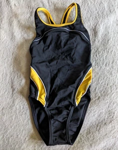 SPEEDO Endurance Plus One Piece Swimsuit Girls 10/26 Black Yellow White - Picture 1 of 4