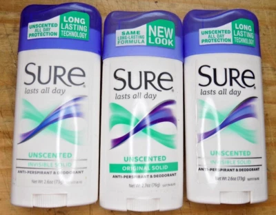 Ladies Brand SURE DEODORANT Original SOLID UNSCENTED Three 2.7oz - Image 1 of 2