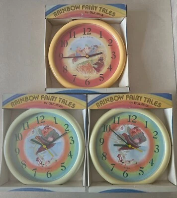 3 NUEVO Reloj de Pared Vintage Bulova Rainbow Fairy Tales Jack Beanstalk 3 Cerditos Foto 1 de 4