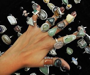 Chunky Hippie Rings Wholesale Lot Assorted Natural Gemstones 925 Silver Jewelry