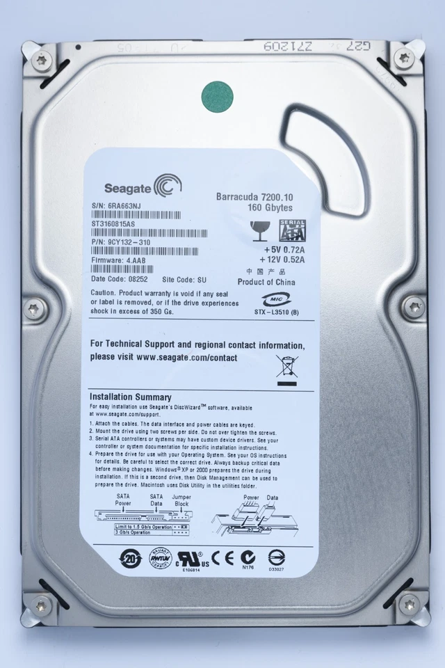 Seagate Barracuda 160GB SATA Desktop Hard Drive Model ST3160815AS P/N 9CY132-310 - Image 1 of 2
