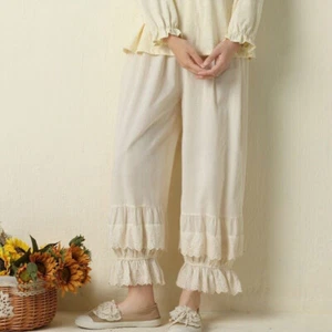 Women 100% Cotton Wide Leg Lace Lounge Pants Ruffle Bloomer Pettipant Trousers - Picture 1 of 20