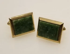 Gemelos de palanca vintage de piedra preciosa de jade verde pulido tono dorado - Imagen 1 de 2