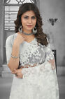 Designer White Resham Embroidery Moti Stone Work Sari Net Wedding Wear Saree