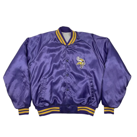 Vintage Minnesota Vikings Patch Satin Button Up Jacket Purple Adult Size Large L Cover