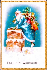 Antique CHRISTMAS Postcard~SANTA in BLUE ROBE~CHIMNEY~Dangling Toys~GOLD Emboss