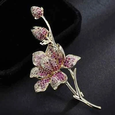 Lab-Created Ruby 1.20Ct Round Cut Rose Flower Brooch Pin 14K Yellow Gold Plated - Image 1 of 4