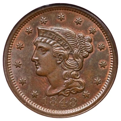 1848 N-29 R-3 NGC MS 64 BN Braided Hair Large Cent Coin 1c - Image 1 of 4