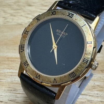 Reloj de Cuarzo Afilado De Colección Hombre Tono Dorado Cuero Negro Japón Movt Analógico Batería Nueva Foto 1 de 4