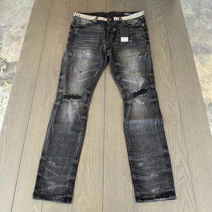 GFTD LA Jeans 34x32 Black Wash Moto Belt Studs Streetwear Ripped Stretch Denim - Picture 1 of 17