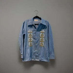 Men's VTG 60s Denim Mexican Hippy Embroidered Shirt Sz 40 1960s Bordhdos Floral - Picture 1 of 14