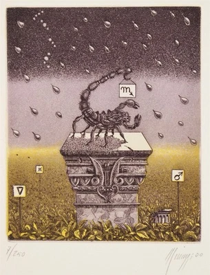 Firmado Maurilio Minuzzi Surreal Aguatinta Astrología ESCORPIO Signo del Zodiaco Grabado Foto 1 de 4