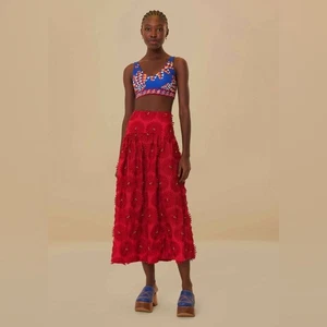 Falda midi floral margarita roja Farm Rio talla S nueva con etiquetas - Imagen 1 de 16