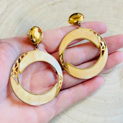 VTG Edgar Berebi dangle hoop earrings enamel chunky pierced designer cream 90s - Image 1 of 4