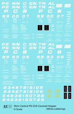 K4 O Scale Decals Penn Central PS2-CD Covered Hopper White For Green Car - Image 1 of 3