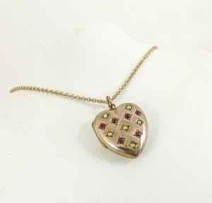 9ct Gold Plated Heart Locket & Chain Pearl  & Ruby Antique Victorian Gift Box - Picture 1 of 6