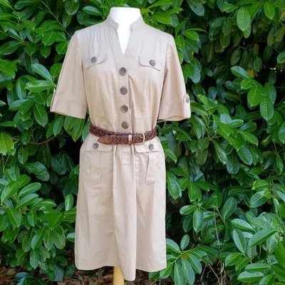 Vestido Camisa Safari Bronceado Con Botones Ligero Mujer Talla 6 Bolsillos Moda Bug Foto 1 de 4