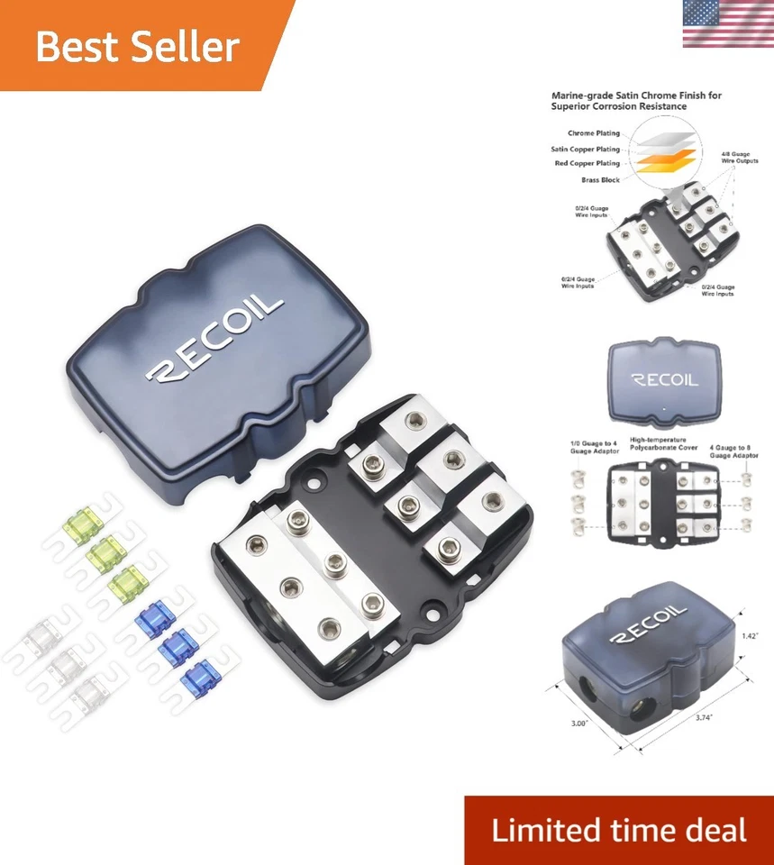 3-Way Mini-ANL Fused Distribution Block with Brass Construction & 60A/80A Fuses - Image 1 of 4