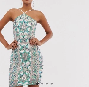 NWT ASOS DESIGN Beige Blue Sequin Tulle Embellished Mini Dress Sz 10 Tall - Picture 1 of 18