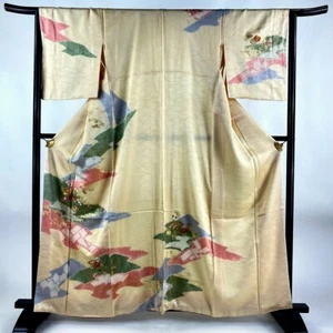 Kimono japonés "HOUMONGI" SEDA, bordado, hilo dorado, KIKU, tinte Shibori, L5'3".4440 - Imagen 1 de 19