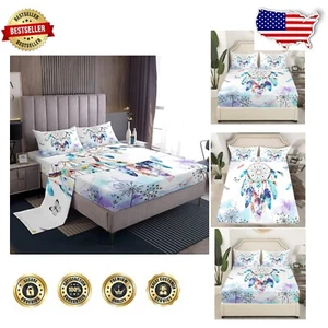 King Fitted Sheet Set - Colorful Retro Watercolor Bedding with Deep Pockets - Picture 1 of 8