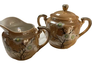 1930s Japanese Cherry Blossom Creamer & Sugar Set Lustrewear VGC Antique Charm - Picture 1 of 10