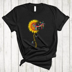 Autism Awareness Cool Sunflower With Autism Awareness Puzzle Ribbon T-Shirt - Picture 1 of 3