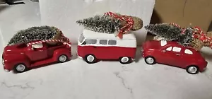 Set Of 3 Vintage Car Truck VW Bus With Christmas Trees Ornaments Ballard Designs - Picture 1 of 9