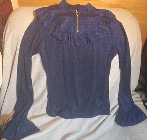 Women's Blue Glittery Long Sleeve Flair Cuffs Blouse Sz L - Bild 1 von 7