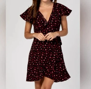 Hyped Unicorn Heart Print Wrap Dress L Large Flounce Sleeve Romantic Ruffle NWT - Picture 1 of 11