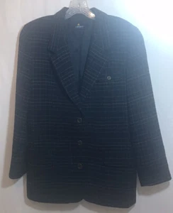 VINTAGE LIZSPORT PETITE Womens Sz 8 Navy Plaid Wool-Blend Lined Long Blazer EUC - Picture 1 of 12