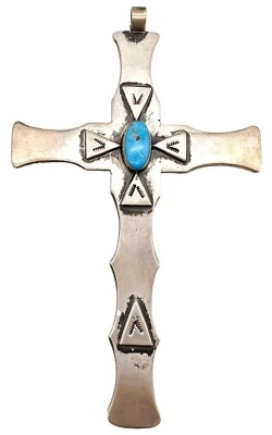 Colgante Cruz Grande Artista Navajo Hecho a Mano Plata y Turquesa - Firmado Foto 1 de 4