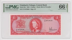 Trinidad & Tobago 1 Dollar $ 1964 P26c UNC PMG 66 Queen Note V JULY 2020 Serial - Picture 1 of 6
