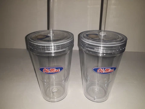 Ole Miss 16 oz Clear Tumbler with Screw on Lid and Straw ( Set of Two ) Cover