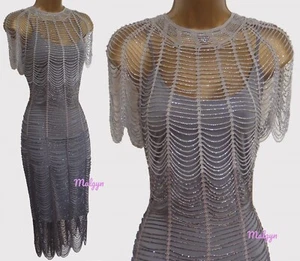 KAREN MILLEN ✩ VINTAGE SILVER CROCHET FLAPPER GATSBY STYLE DRESS ✩ UK 10-12 BNWT - Picture 1 of 11